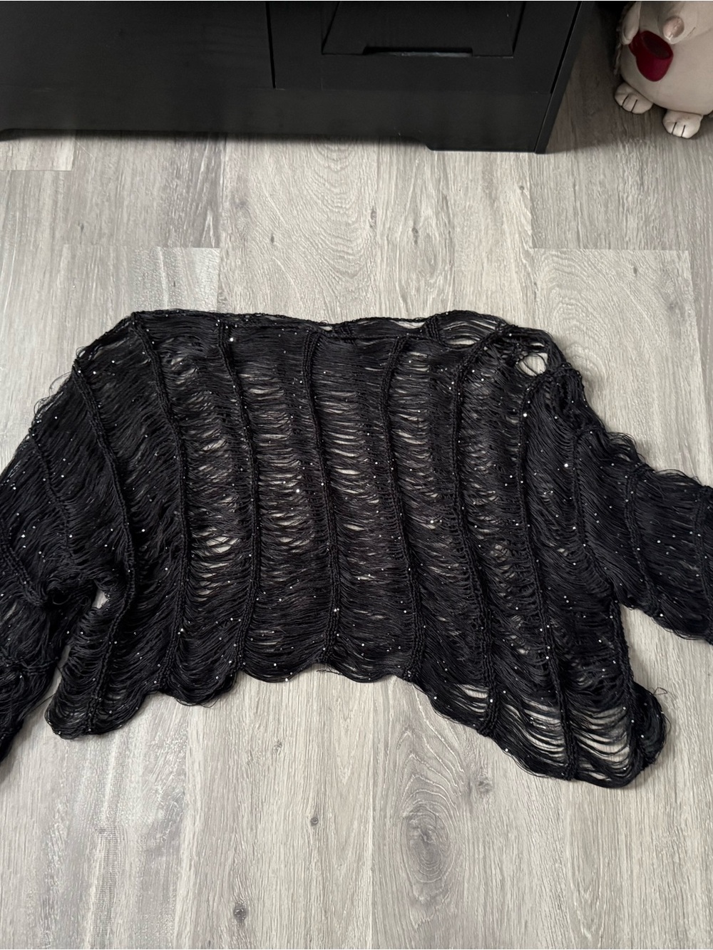Black Distressed Open-Knit Sweater Coverup with Sparkle